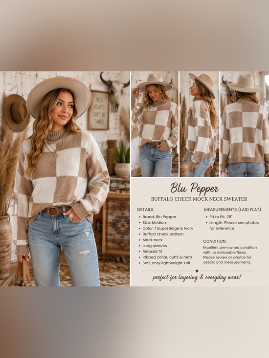 Blu Pepper Sweaters - Blu Pepper Taupe & Ivory Buffalo-Check Mock Neck Sweater